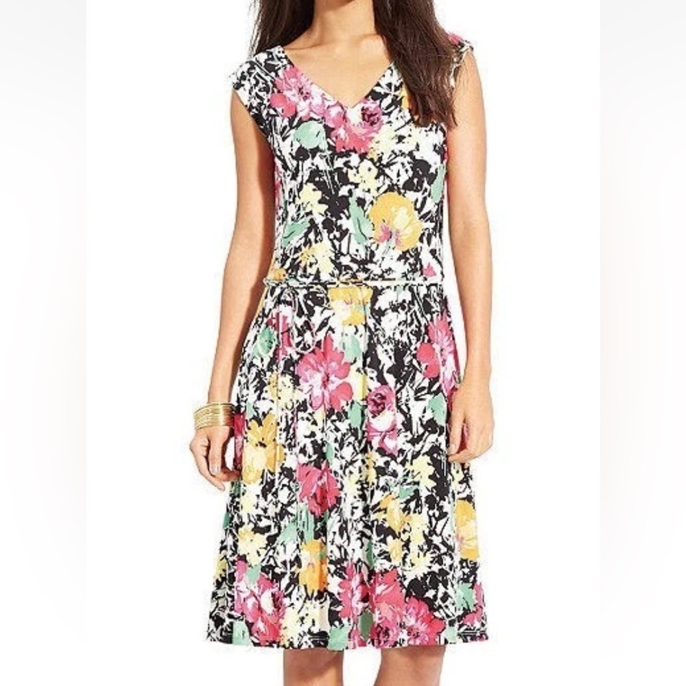 LAUREN RALPH LAUREN Medium Floral Sleeveless Vneck Aline Double Knit Midi Dress